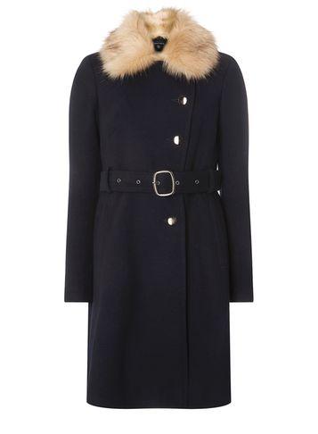 Dorothy Perkins Navy Faux Fur Collar Belted Coat
