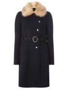 Dorothy Perkins Navy Faux Fur Collar Belted Coat