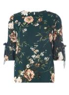 Dorothy Perkins Green Floral Ruffle Sleeve Top