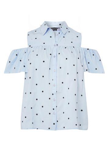 Dorothy Perkins Blue Polka Dot Frill Cold Shoulder Top