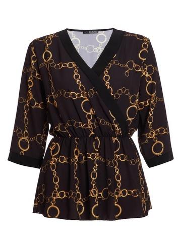 *quiz Black And Gold Chain Print Peplum Top