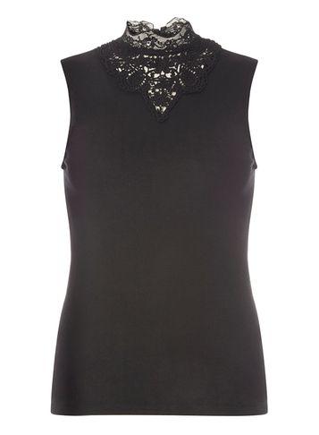 Dorothy Perkins *vila Black Ribbed Lace Detail Top