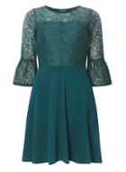 Dorothy Perkins Green Lace Sleeve Fit And Flare Dress