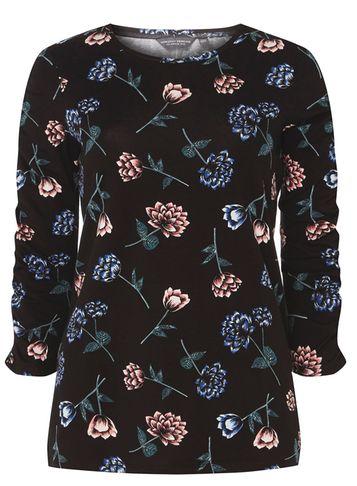 Dorothy Perkins *tall Black Floral Print Ruched Sleeve Top