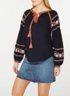 Dorothy Perkins Navy And Pink Embroidered Boho Top