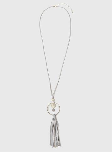 Dorothy Perkins Grey Fabric Circle And Tassel Necklace