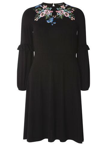 Dorothy Perkins Black Embroidery Detail Fit And Flare Dress