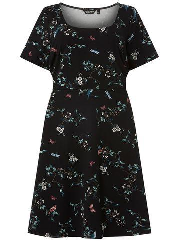 Dorothy Perkins *dp Curve Black Branch Print Ruched Sleeve Fit And Flare Dress