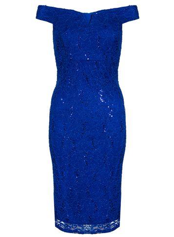 Dorothy Perkins *quiz Blue Sequin Lace Bardot Midi Dress