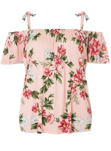 Dorothy Perkins Blush Floral Print Tie Cold Shoulder Top