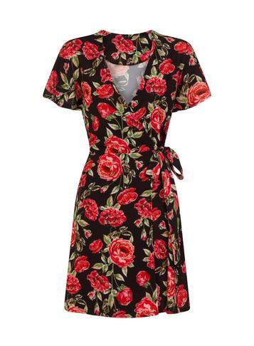Dorothy Perkins *girls On Film Black Rose Print Wrap Dress