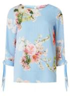 Dorothy Perkins Blue Striped And Floral Print Tie Sleeve Top