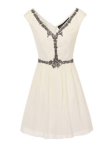 Dorothy Perkins *little Mistress Cream Embellished Front Mini Dress