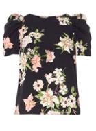 Dorothy Perkins Navy Floral Ruched Sleeve Top