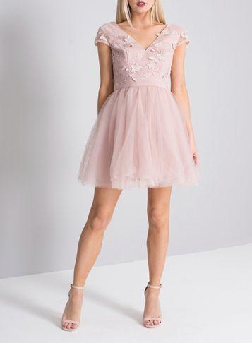 Dorothy Perkins *chi Chi London Petite Mink 3d Floral Mini Skater Dress