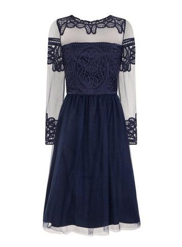 *chi Chi London Navy Crochet Bodice Midi Skater Dress