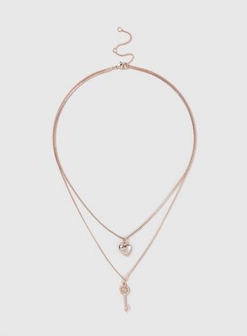 Dorothy Perkins Rose Gold Heart And Key Two Necklace