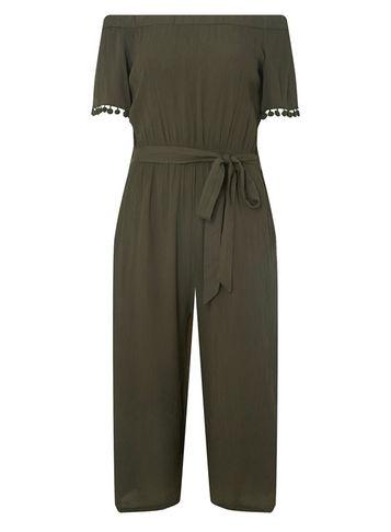 Dorothy Perkins Khaki Pom Pom Triwm Bardot Jumpsuit