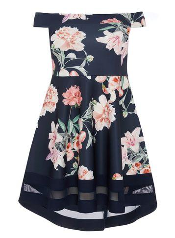 Dorothy Perkins *quiz Curve Navy And Pink Dip Hem Bardot Dress