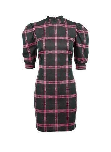 *lola Skye Green Check Print Puff Sleeve Mini Dress