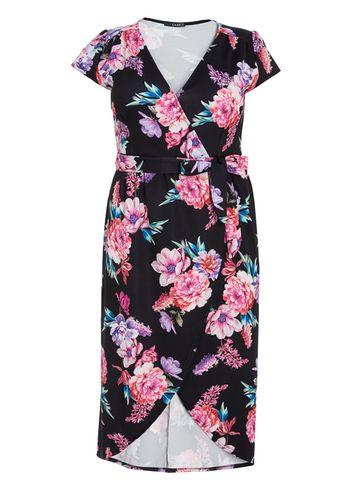 Dorothy Perkins *quiz Curve Black And Pink Wrap Dress