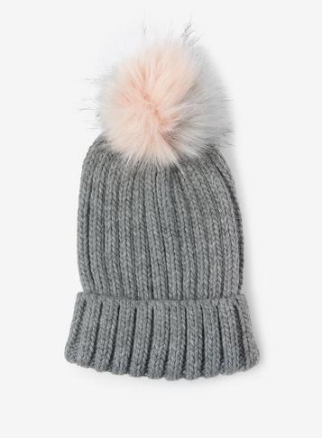 Dorothy Perkins Grey And Pink Pom Pom Hat