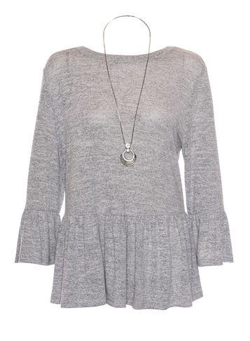 Dorothy Perkins *quiz Grey Ruffle Sleeve Knitted Top With Necklace