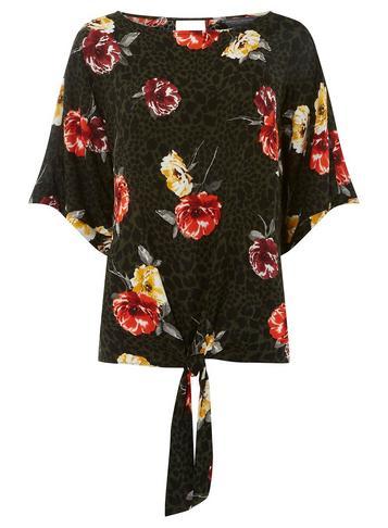 Dorothy Perkins *tall Khaki Leopard And Floral Front Knot T-shirt