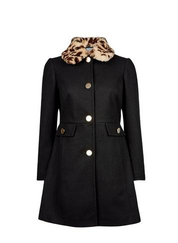 Dorothy Perkins Petite Black 'dolly' Coat With Leopard Print Collar Detailing