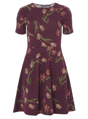 Dorothy Perkins *tall Floral Print Ruched Sleeve Skater Dress