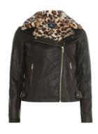 Dorothy Perkins Black Leopard Print Faux Fur Collar Biker Jacket