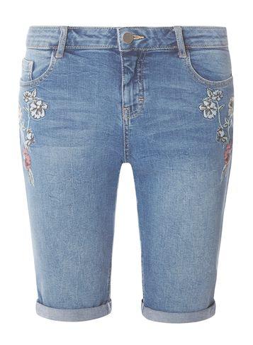 Dorothy Perkins Blue Floral Embroidered Denim Knee Shorts