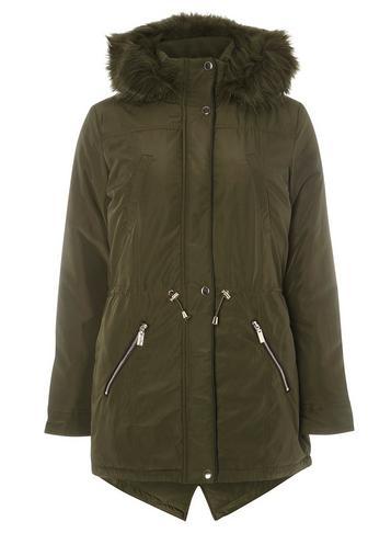 Dorothy Perkins Khaki Faux Fur Trim Parka Coat
