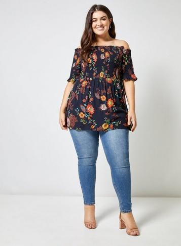 Dorothy Perkins *dp Curve Navy Floral Print Shirred Bardot Top