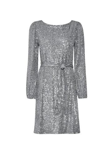 Dorothy Perkins Silver Sequin Belted Fit And Flare Dress