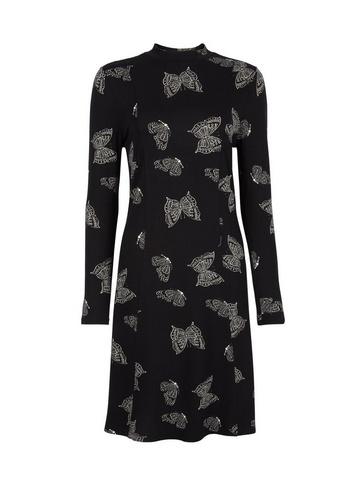 Dorothy Perkins Black Butterfly Print High Neck Swing Dress