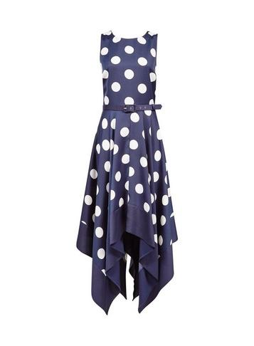 *luxe Navy Spot Print Hanky Hem Skater Dress