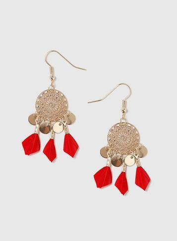 Dorothy Perkins Gold Look Feather And Disc Drop Earrings