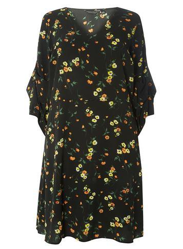 Dorothy Perkins *dp Curve Black Floral Print Tuck Sleeve Skater Dress