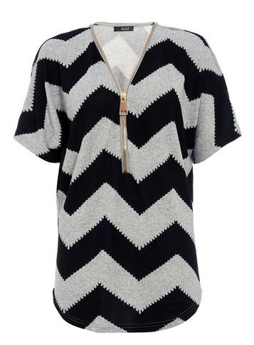 Dorothy Perkins *quiz Grey And Black Zip Chevron Batwing Top