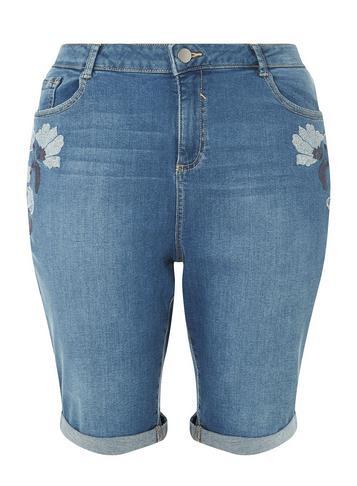Dorothy Perkins Dp Curve Blue Embroidered Mid Wash Shorts