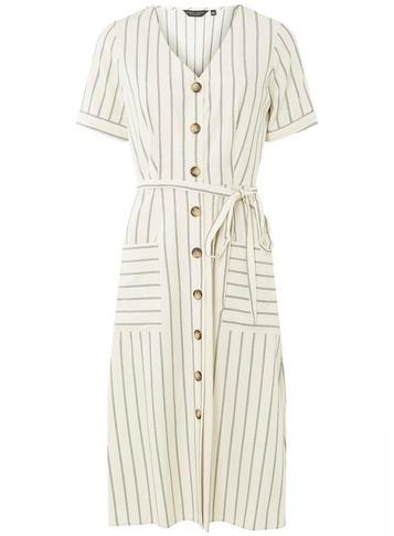 Dorothy Perkins Cream Striped Linen Blend Button Detail Shirt Dress