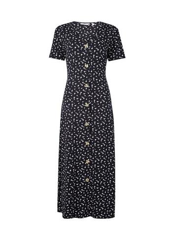 Dorothy Perkins *tall Black Ditsy Print Button Midi Skater Dress