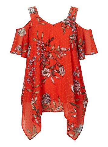 *roman Originals Red Floral Print Cold Shoulder Top