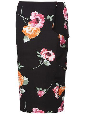 Dorothy Perkins Black Floral Ruffle Pencil Skirt