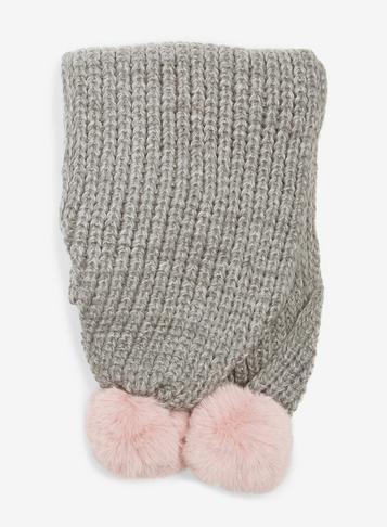 Dorothy Perkins Grey And Pink Ribbed Pom Pom Scarf