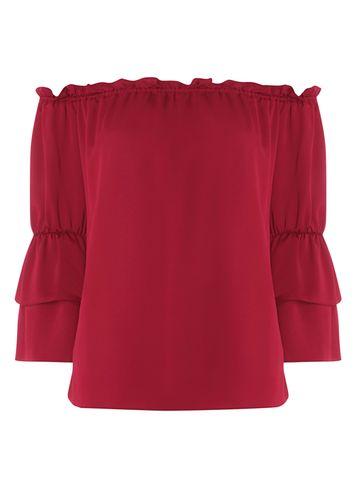 Dorothy Perkins Wine Ruffle Sleeve Frill Bardot Top