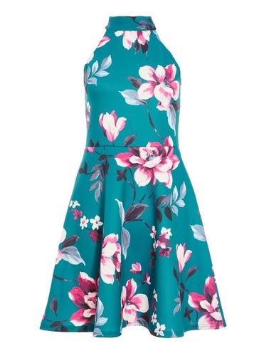 *quiz Green Floral Print High Neck Skater Dress
