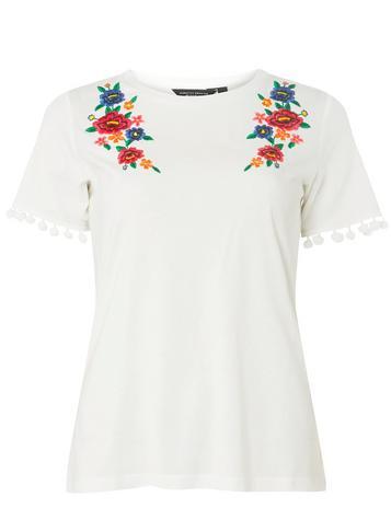 Dorothy Perkins Ivory Embroidered Pom Pom T-shirt