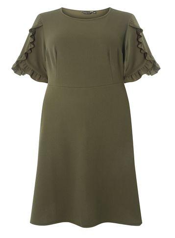 Dorothy Perkins Dp Curve Khaki Frill Sleeve Fit And Flare Dress